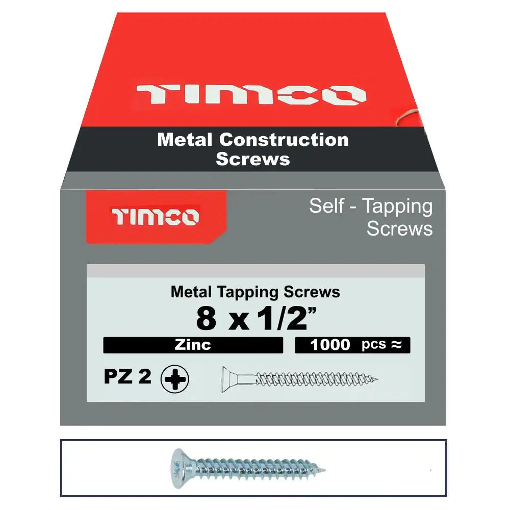 Self Tapping Countersunk Screws PZ ZYP 8x1/2 Inch Box 1000