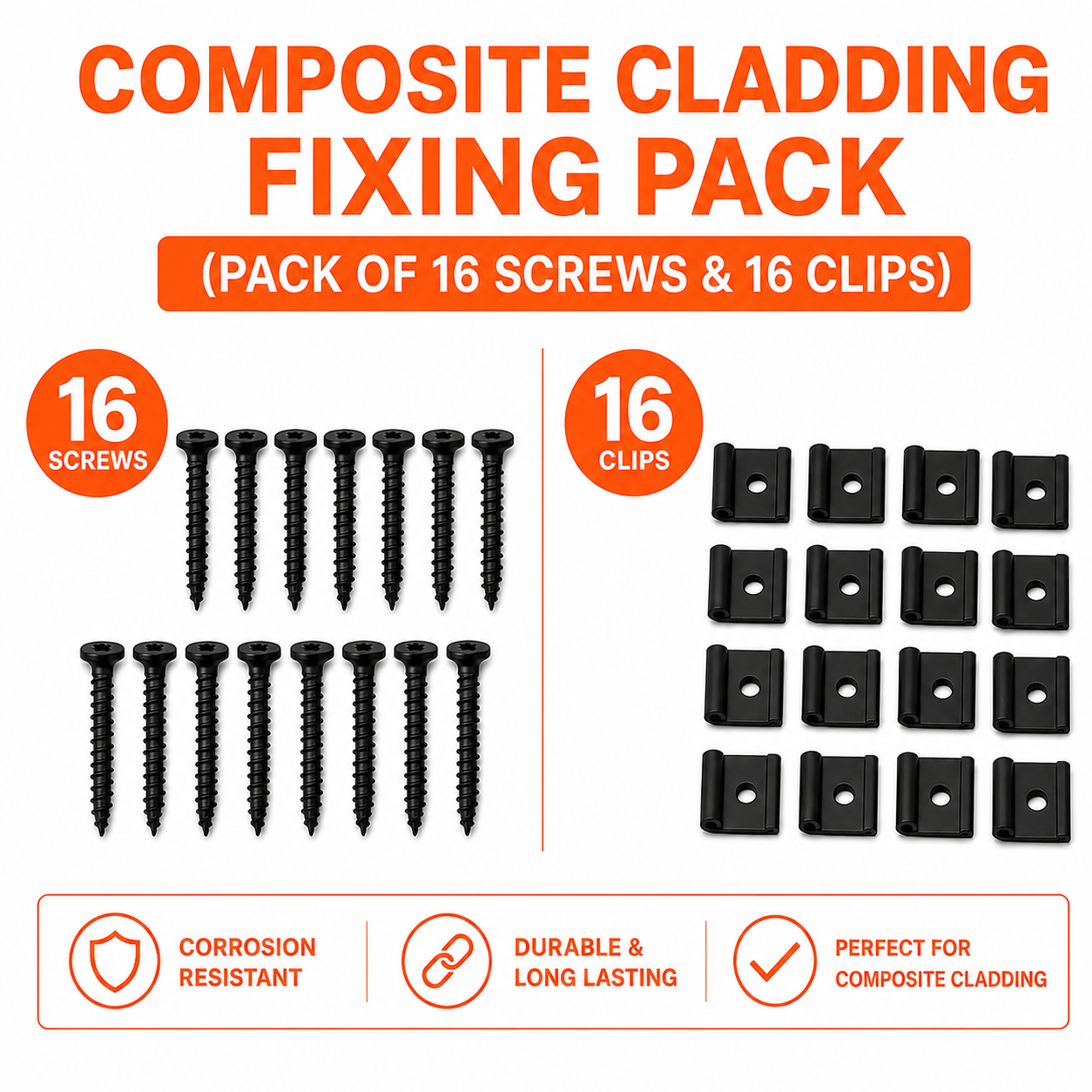 COMPOSITE CLADDING FIXING PACK (PACK OF 16 SCREWS & 16 CLIPS)